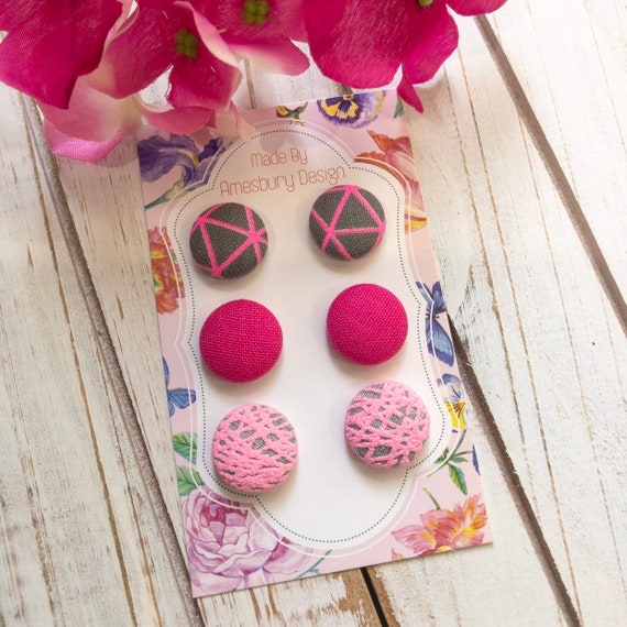 Pink Geometric Fabric Button Earrings Set of 3