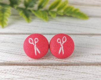 Magenta Pink Scissor Earrings, Fabric Button Earrings, Hair Stylist Gift, Hairdresser Earrings, Artsy Teacher Earrings, Quilter Sewing Gift