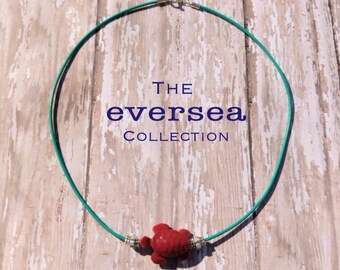 Men's or Women's UNISEX EVERSEA Apocalypso Blue Red Sea Turtle Pendant Turquoise Leather Necklace