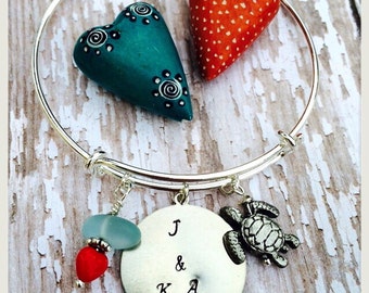 EVERSEA My Star, My Love SILVER Charm Bangle Bracelet With Sea Turtle and Sea Glass