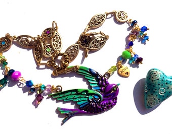 Maleficent's Raven Inspired Hand Painted Brass Pendant with Swarovski Crystals and handmade brass chain necklace