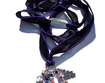 Darynda Jones Charley Davidson Inspired Black and Violet charm and Silk Wrap Ribbon Bracelet Binding