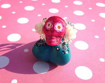 The Shannon Ring Bright Silver Fuchsia Skull and White Roses Day of the Dead Stone Sugar Skull with Rose eyes Ring