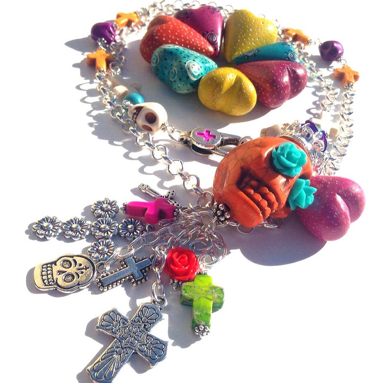 Dia De Los Muertos Rosary Style Necklace with Silver Plated Cross Chain