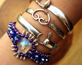 Bride Mermaid's Treasure Sea Turtle Beaded Bracelet in Deep Purple, Cobalt Blue and Iridescent Crystal