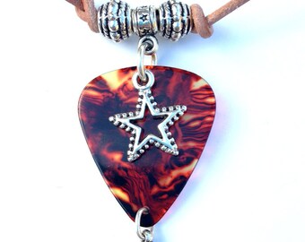 Tattoo Star Charm Tortoise Shell Guitar Pic Pendant Natural Leather Necklace