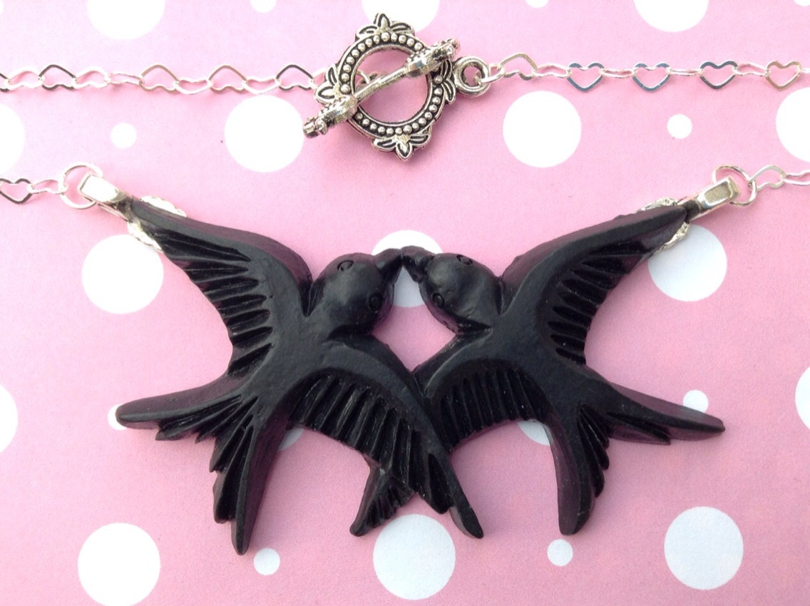 Black Raven True Love Love Birds Resin and Silver plated heart chain