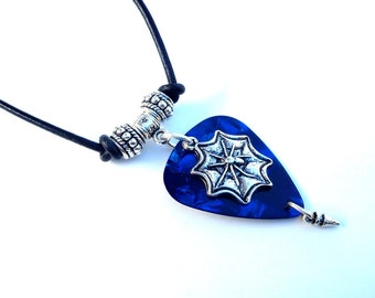 Spider Web Charm with Sapphire Blue Guitar Pick Pendant Black Leather Necklace