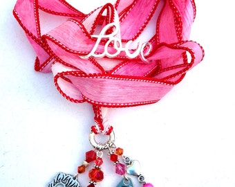 I Married a HOT Marine Flaming Love charm and Silk Wrap Ribbon Bracelet Binding