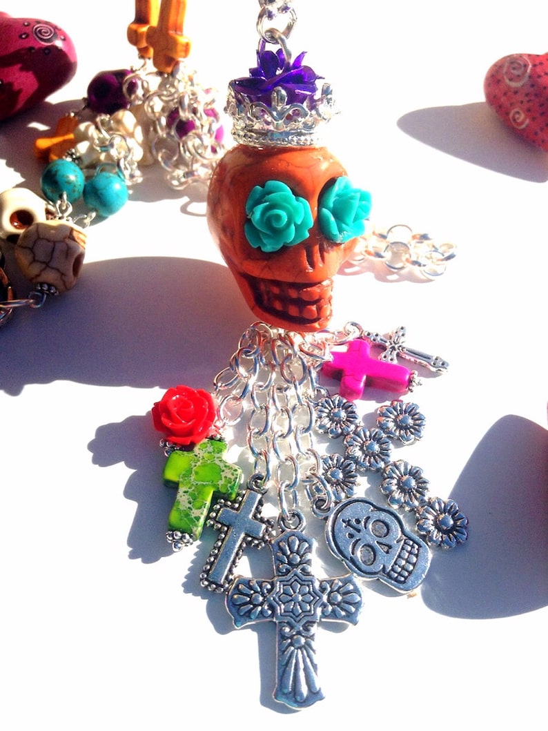 Dia De Los Muertos Rosary Style Necklace with Silver Plated Cross Chain