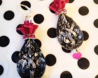 Hot Pink Gothic Rose Lucite Drop Earrings Celtic Knotwork