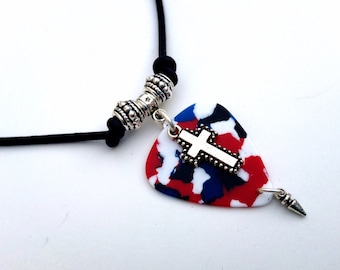 Red White Blue and Black Guitar Pick Cross Charm Pendant Black Leather Necklace