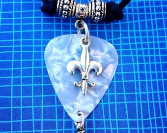 Fleur De Lis Charm with Pearl White Guitar Pick Pendant Black Leather Necklace