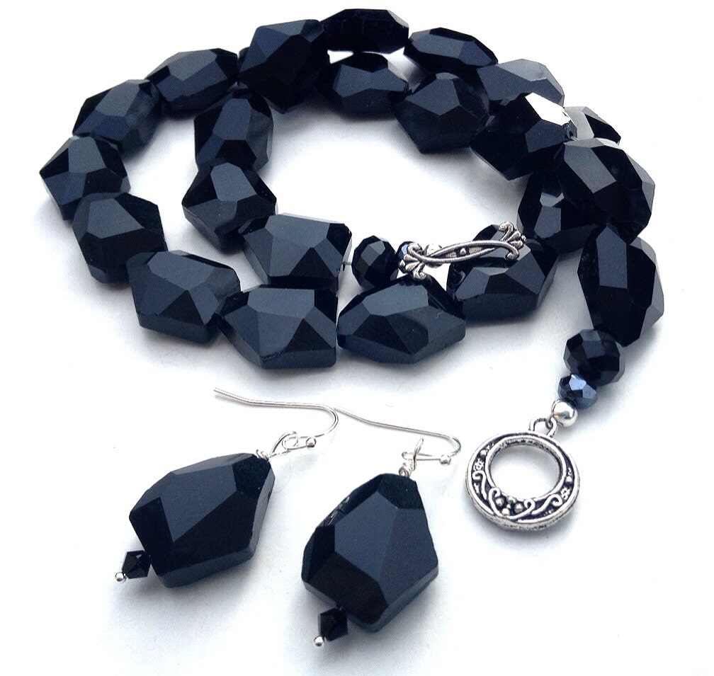 Black Jet Cut Glass Faceted Necklace and Earring Set Etsy