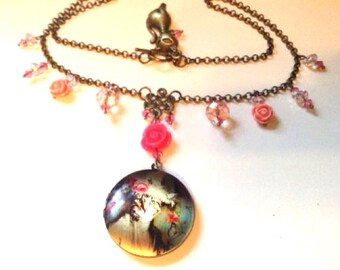 Little Miss Rose Kitty Brass Locket on 19" brass chain w/ Swarovski crystals