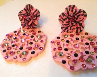 VALENTINE's DAY Pink Ladies Peppermint Pink and Black Rose and Wood Medallion with Swarovski crystals and rhinestones Pin Up Girl Earrings