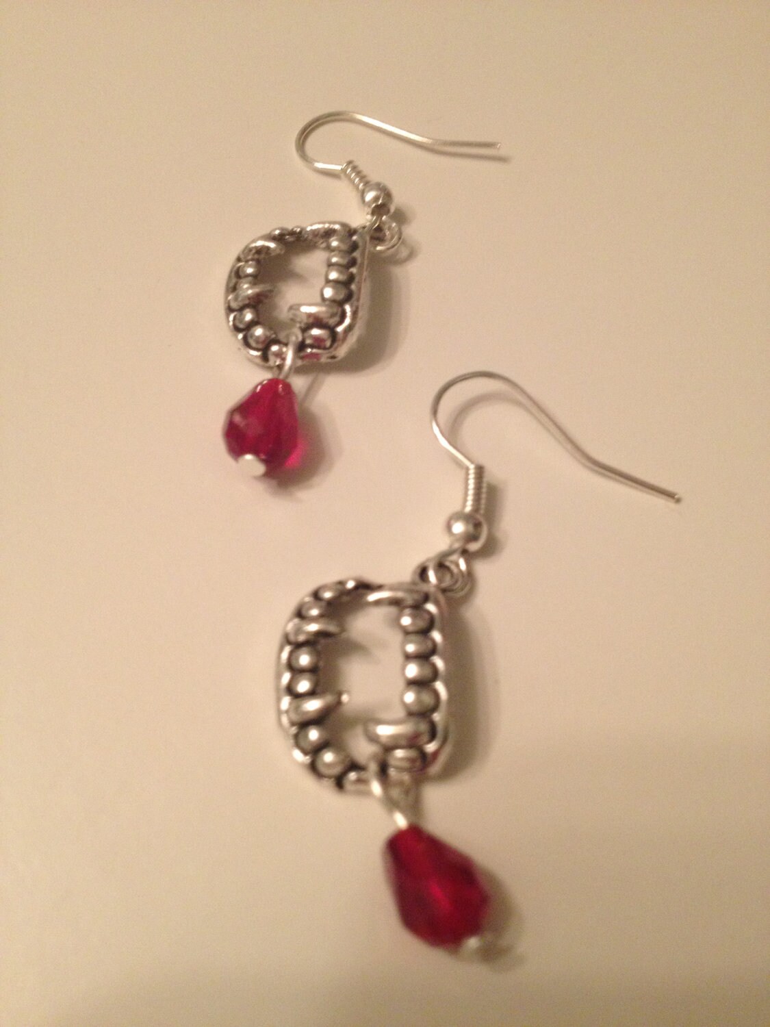Vampire Fangs Jaw Crimson Crystal Blood Drop Silver French Hook