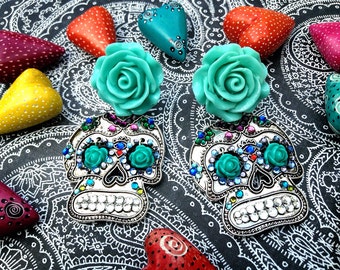Turquoise Day of the Dead Sugar Skull Rhinestone Earrings
