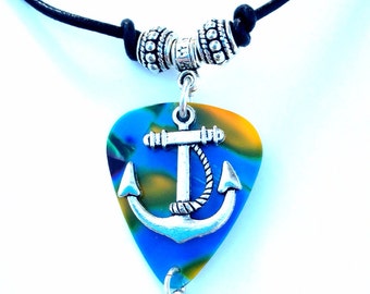 Sailor Anchor Charm Blue Multi Guitar Pic Pendant Black Leather Necklace