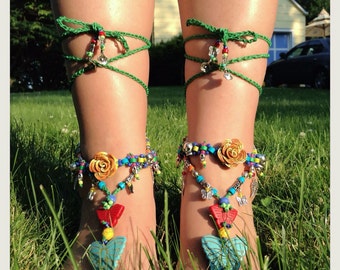 Amazonian Jungle Barefoot Sandal Yoga Beach Wedding Turquoise and Red Stone Butterflies with Mykonos Beads and Swarovski