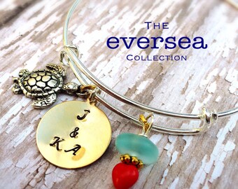 EVERSEA My Star, My Love Two Tone SILVER and GOLD Charm Bangle Bracelet With Sea Turtle and Sea Glass