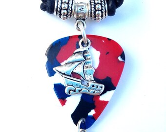 Red White Blue and Black Ship Charm Pendant Black Leather Necklace