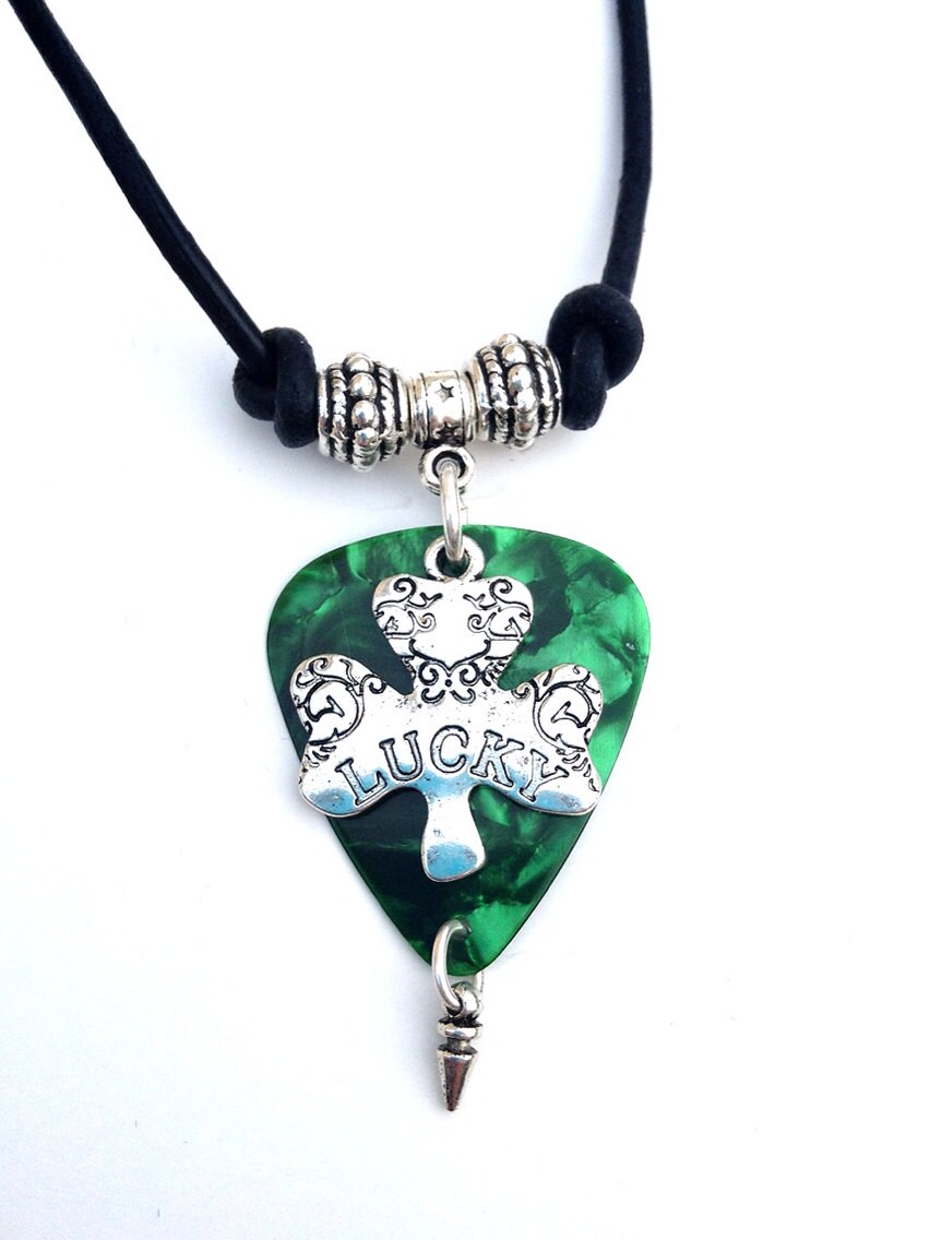 Lucky Emerald Green Guitar Pick Lucky Charm Pendant Black Leather Necklace