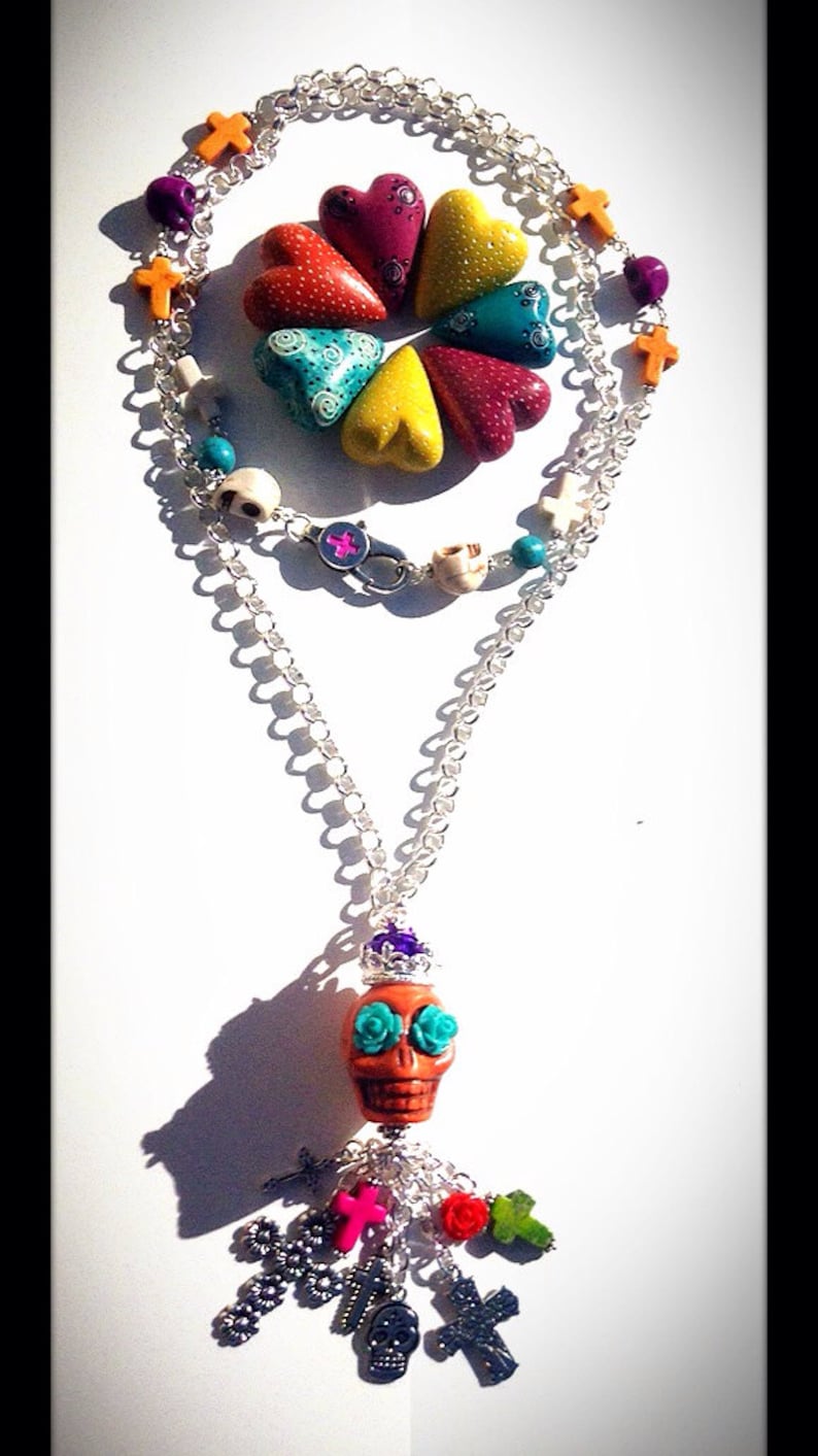Dia De Los Muertos Rosary Style Necklace with Silver Plated Cross Chain