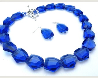 Pacific Ocean Blue Sapphire Cut Glass Faceted Necklace And Earring Ser