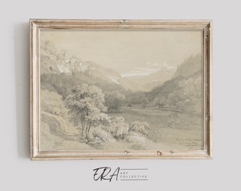 Beau dessin de graphite de paysage | vintage Fine Art Print | Art mural imprimable | L22