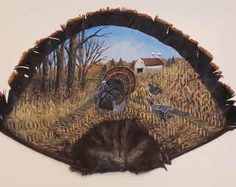 Hand Painted Turkey Fan,  Turkeys, Hunting Decor, Corn Field