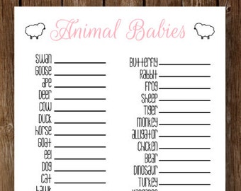 Printable baby shower game - pale pink match the baby animals - Sheep, lamb baby shower