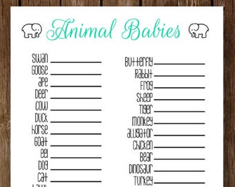 Printable baby shower game - match the baby animals - Elephant baby shower