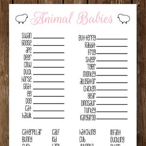 Printable baby shower game - pale pink match the baby animals - Sheep, lamb baby shower