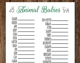 Printable baby shower game - match the baby animals - forest green, woodland animals, deer, rabbit