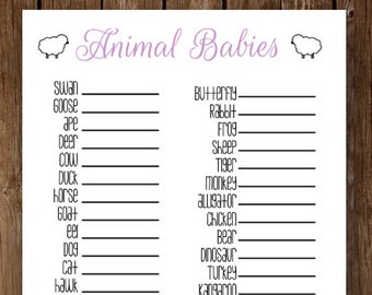 Printable baby shower game - lavender match the baby animals - Sheep, lamb baby shower