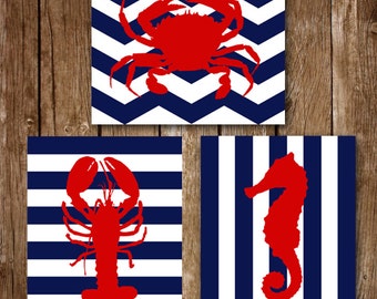 Set of 3: Printable striped, chevron seahorse, lobster, crab art - red, navy blue, nautical print - nursery, bedroom, office, kitchen decor