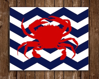 Printable chevron crab art - red, navy blue, nautical print - nursery, bedroom, office, kitchen decor