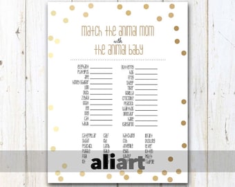Printable baby shower game - match the baby animals *safari version* - gold dots