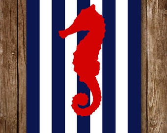 Printable striped seahorse art - red, navy blue, nautical print - nursery, bedroom, office, kitchen decor