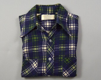 Chemise vintage des années 1970 en flanelle de coton imprimée à carreaux, taille moyenne, de la marque King Arthur.