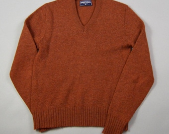 Pull vintage années 1980, taille S, col V, orange brûlé, de Robert Bruce