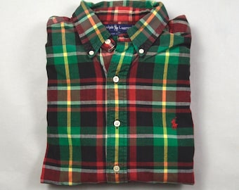 Grande chemise Oxford à carreaux rouge et vert vintage des années 1990 par Ralph Lauren