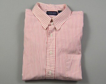 Vintage 1990s Size 17.5x36 Pink Stripe Tab Collar Shirt by Lands' End