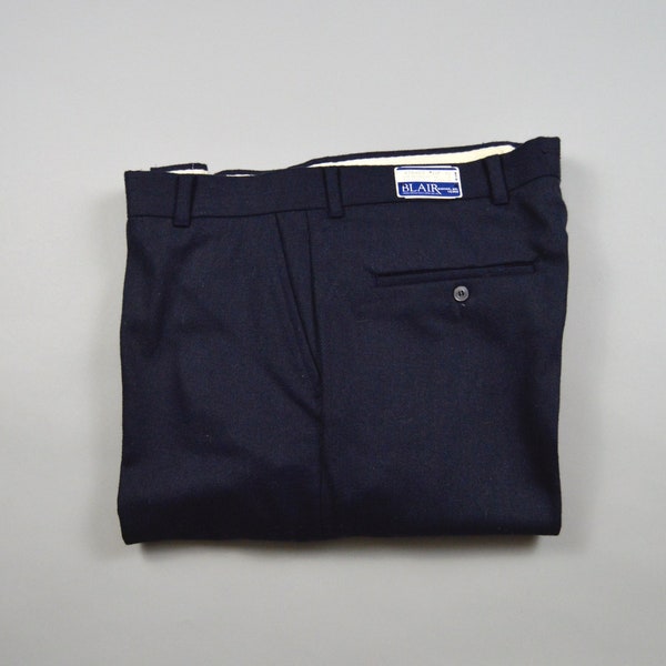 Pantaloni vintage Deadstock degli anni '70 in misto lana blu navy di Blair taglia 35/36