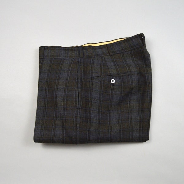 Vintage 1960s Charcoal and Blue Check Wool Trousers Size 32