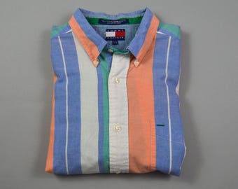 Vintage 1990s Size Large Multi Stripe Button Down Shirt by Tommy Hilfiger