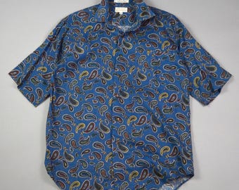 Vintage 1990s Size Medium Blue Paisley Cotton/Linen Blend Shirt by Lord and Taylor