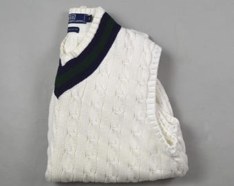 Chaleco de punto trenzado blanco, talla pequeña, estilo vintage de los años 90, de Polo Ralph Lauren.