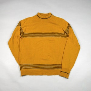 Vintage 1960s Mustard Yellow Stripe Mock Neck Knit Shirt Size Medium